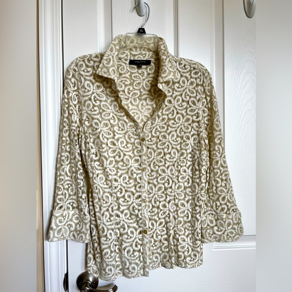 Jones Wear, beige floral Stretchy lace 3/4 sleeve blouse. Size 14. - Picture 1 of 11